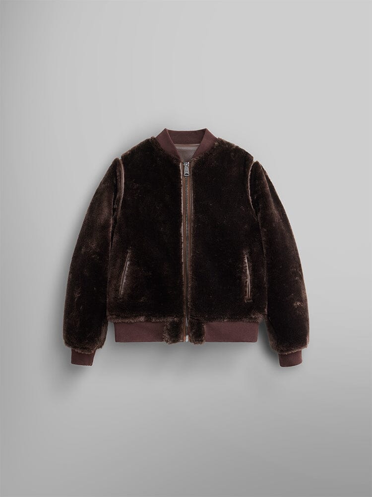 The reversible view of the Women's Reversible Faux Leather MA-1 Bomber Jacket by Alpha Industries is a brown faux fur bomber with shearling accents, featuring a front zipper and ribbed cuffs, collar, and hem.