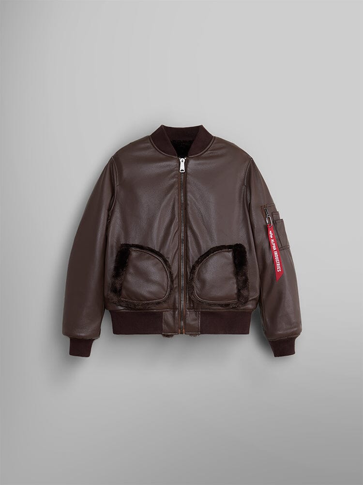 The Women's Reversible Faux Leather MA-1 Bomber Jacket in brown chocolate features a front zipper, two large pockets, and a distinctive red tag on the left sleeve.