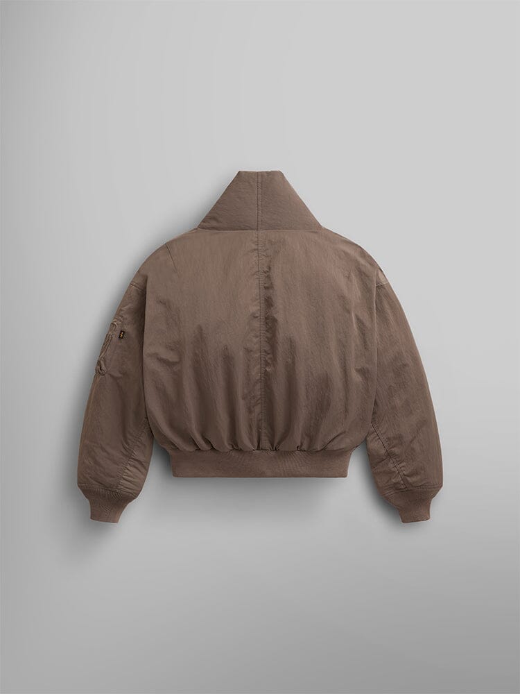 Alpha Industries Shawl Collar Bomber Jacket Womens, brown, down-filled, high collar, ribbed cuffs and waistband, onion-quilted lining.