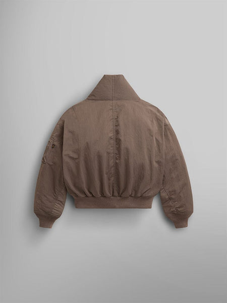 Back view of the Women's Shawl Collar Bomber Jacket in brown from Alpha Industries, featuring full sleeves and ribbed cuffs and hem.