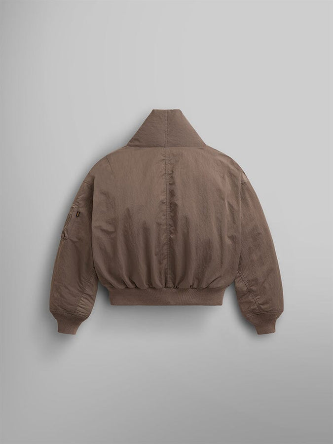 Back view of the Women's Shawl Collar Bomber Jacket in brown from Alpha Industries, featuring full sleeves and ribbed cuffs and hem.