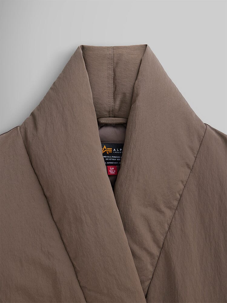 Alpha Industries Shawl Collar Bomber Jacket Womens in taupe, with visible stitching and a partially visible interior label.