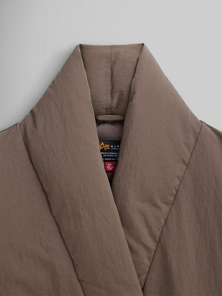 Close-up of the collar on the Women's Shawl Collar Bomber Jacket in brown by Alpha Industries.