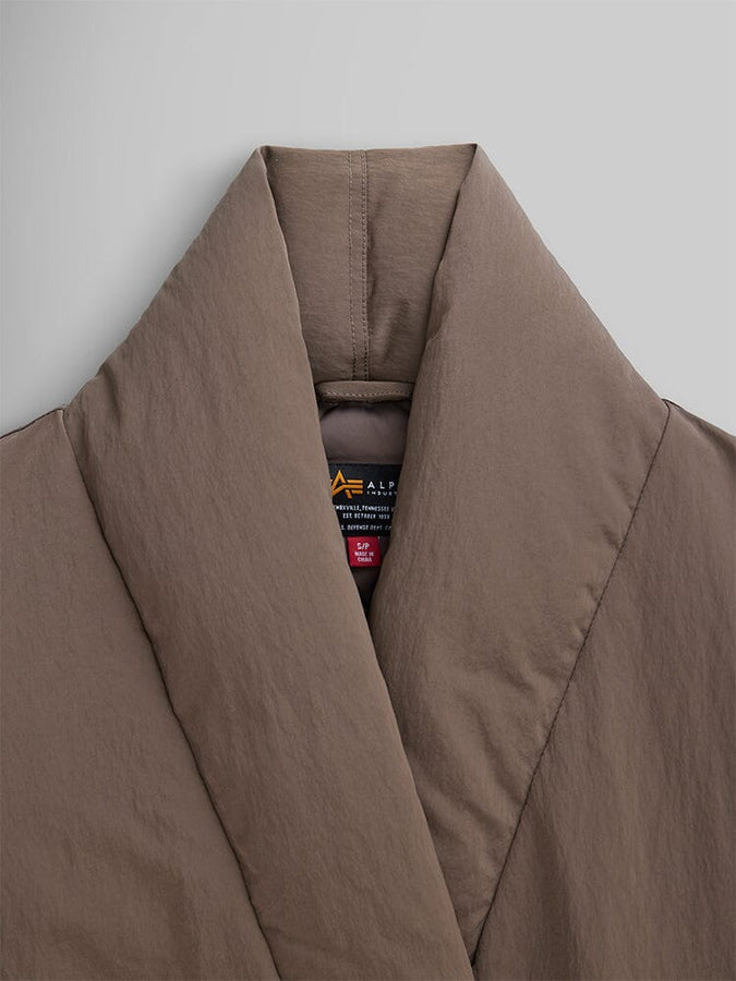 Close-up of the collar on the Women's Shawl Collar Bomber Jacket in brown by Alpha Industries.