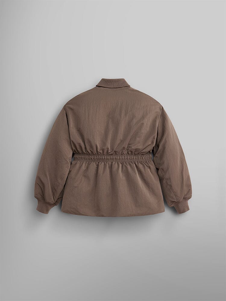 The Women's Short Cinched Waist Jacket by Alpha Industries features a brown color with a cinched, adjustable drawcord waist and long sleeves, viewed from the back.
