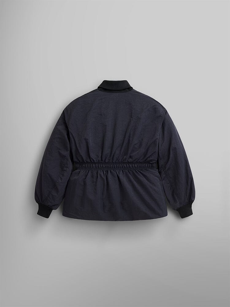 The Women's Short Cinched Waist Jacket by Alpha Industries is a black jacket with a quilted lining and elastic waistband. It features a ribbed collar, cuffs, and hem. The back view showcases an adjustable drawcord waist and welt pocket.