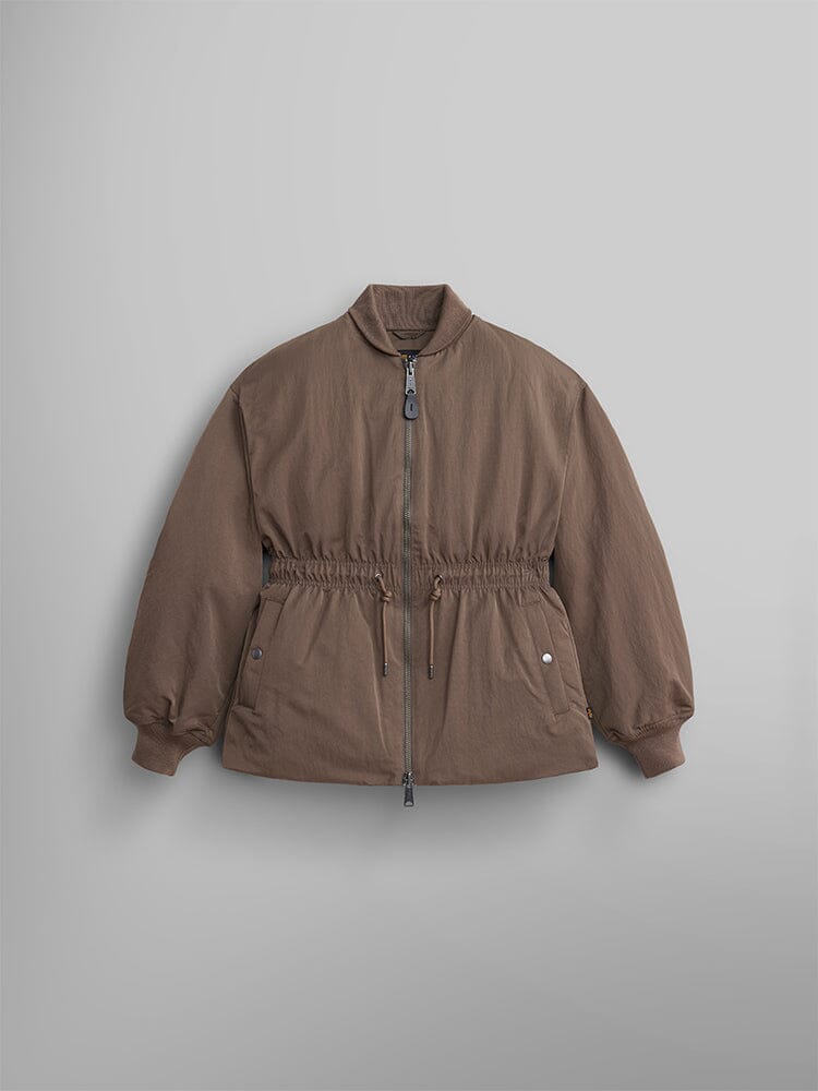 Alpha Industries' Women's Short Cinched Waist Jacket in Coyote Brown features a high collar, long sleeves, and an adjustable drawcord waist. It includes a welt pocket and quilted lining.