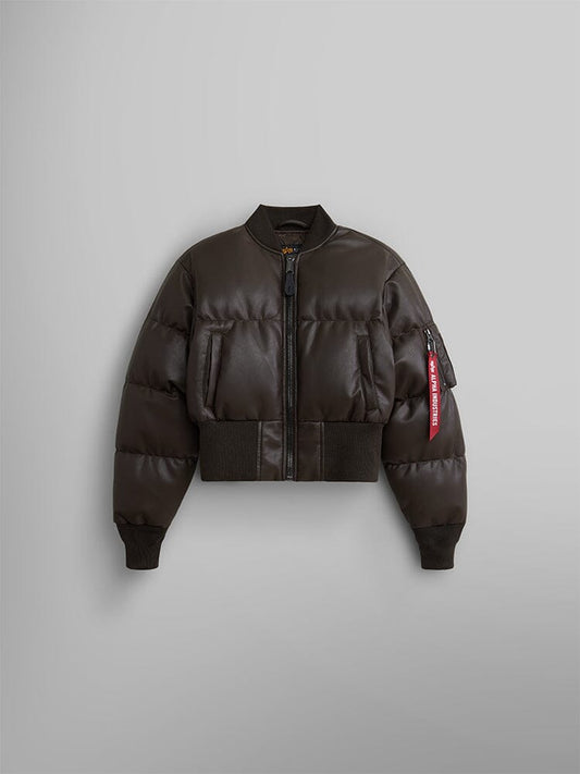 The Women's Sierra Faux Leather Short Puffer Jacket by Alpha Industries, featuring a dark chocolate color, cropped fit, zipper closure, ribbed cuffs and hem, and a distinctive red tag on the sleeve.