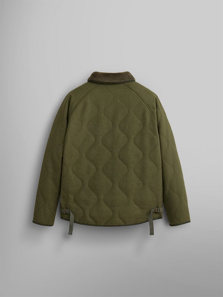 Back view of the Wool Deck Jacket by Alpha Industries, an olive green quilted jacket showcasing a wavy pattern and a collar.