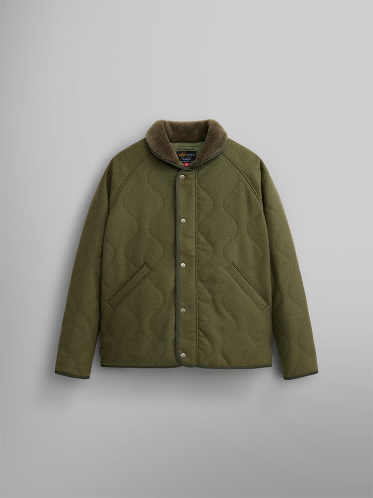 The OG-107 Green Wool Deck Jacket by Alpha Industries, featuring a button-up front and two diagonal pockets.
