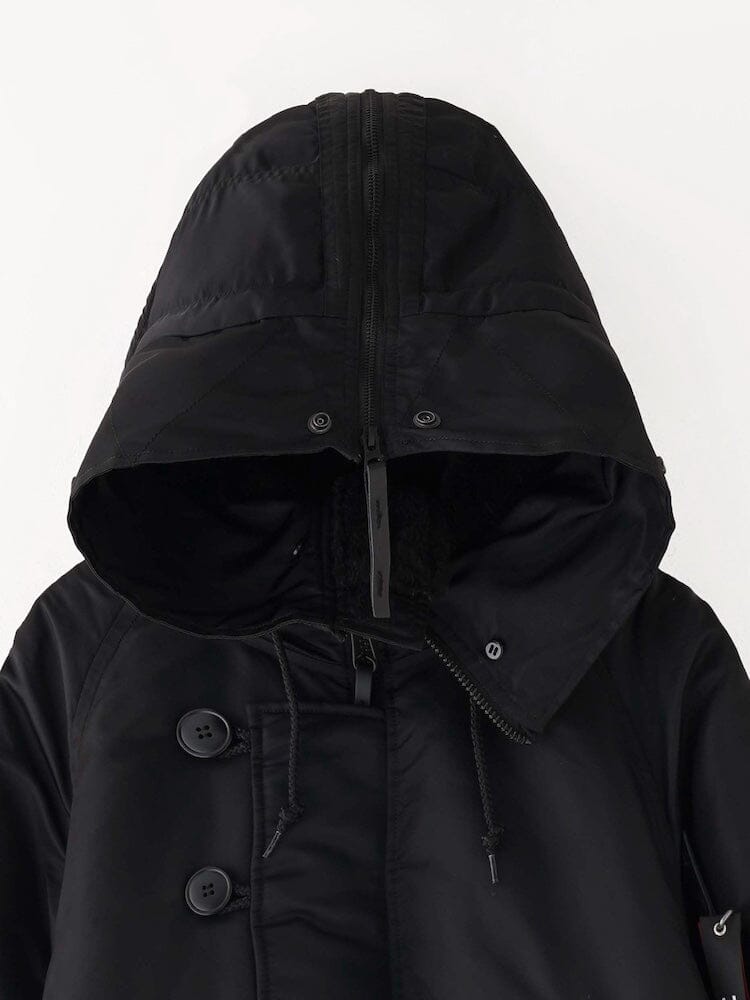 N-2B Short Waist Parka Black Hooded Coat With Three Left-Side Buttons, Drawstrings, And Zippered Hood Alpha Industries.