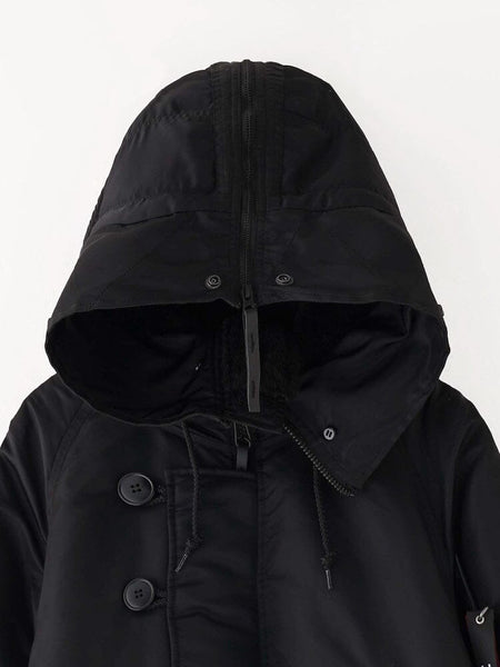 N-2B Short Waist Parka Black Hooded Coat With Three Left-Side Buttons, Drawstrings, And Zippered Hood Alpha Industries.
