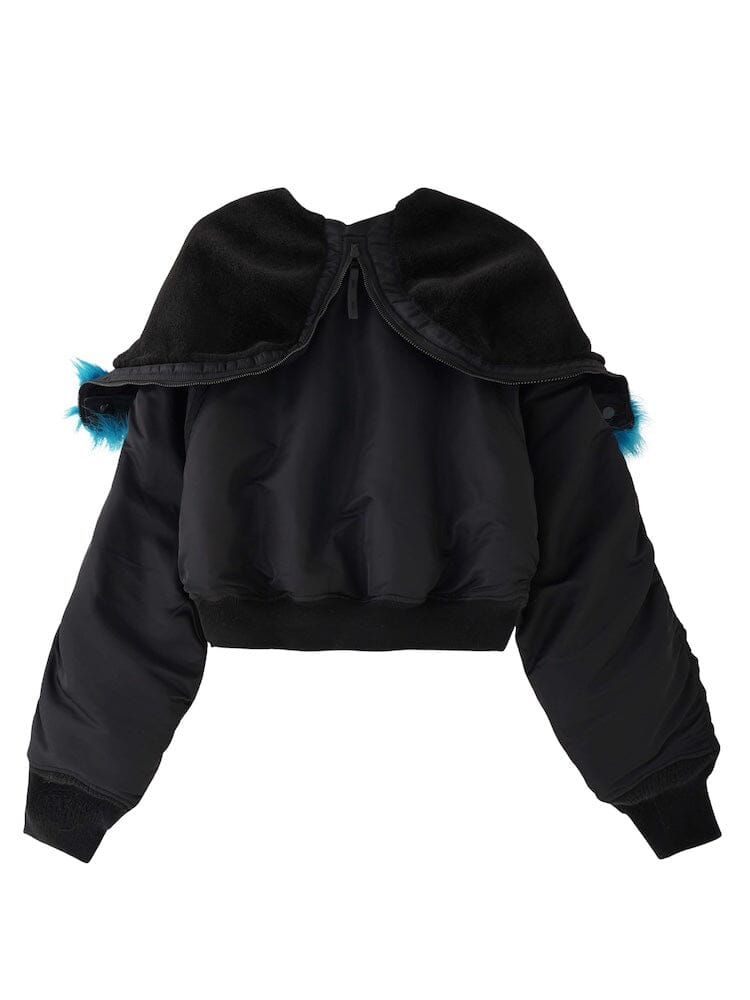 N-2B Short Waist Parka by Alpha Industries, zippered collar, blue fur shoulder accents.