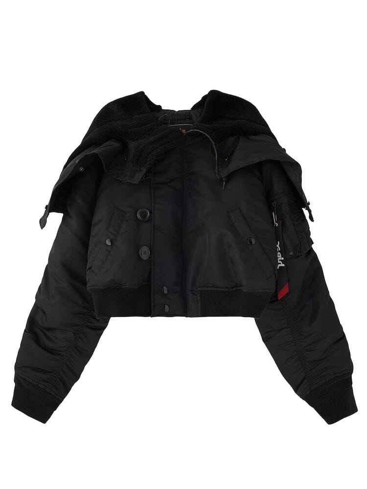 Alpha Industries N-2B Short Waist Parka, black, cropped bomber jacket with double-breasted buttons, ribbed cuffs and hem, zippered sleeve pocket.