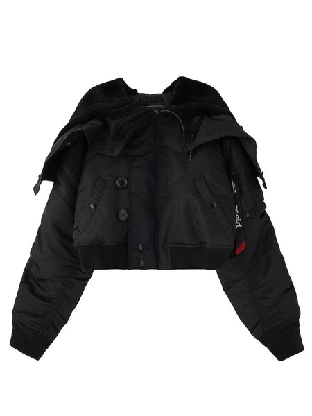 Alpha Industries N-2B Short Waist Parka, black, cropped bomber jacket with double-breasted buttons, ribbed cuffs and hem, zippered sleeve pocket.