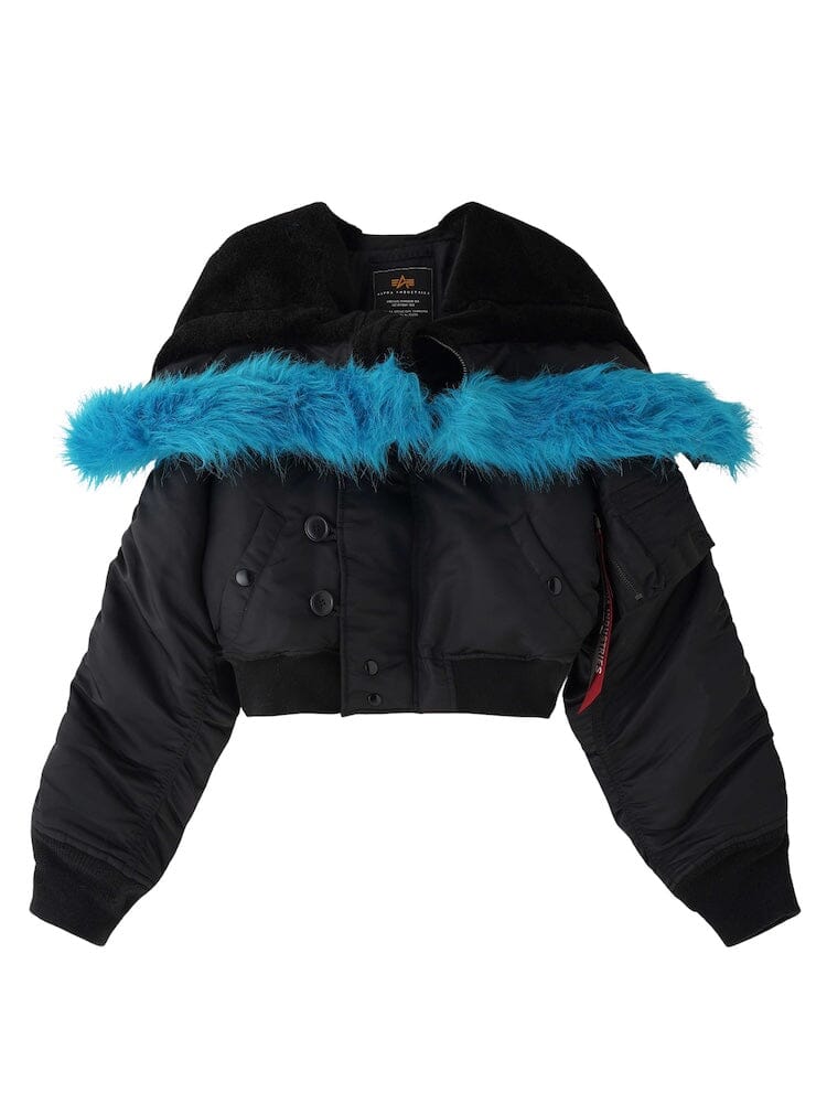 Alpha Industries N-2B Short Waist Parka, black, cropped bomber jacket with double-breasted front, ribbed cuffs, blue faux fur trim.