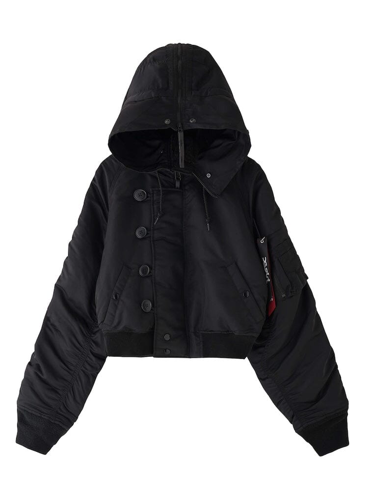 Alpha Industries N-2b Short Waist Parka, Black, Cropped Bomber Jacket With Hood, Front Buttons, Zipper, Ribbed Cuffs And Hem, Zippered Sleeve Pocket.