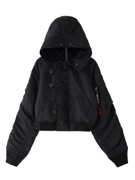 Alpha Industries N-2b Short Waist Parka, Black, Cropped Bomber Jacket With Hood, Front Buttons, Zipper, Ribbed Cuffs And Hem, Zippered Sleeve Pocket.