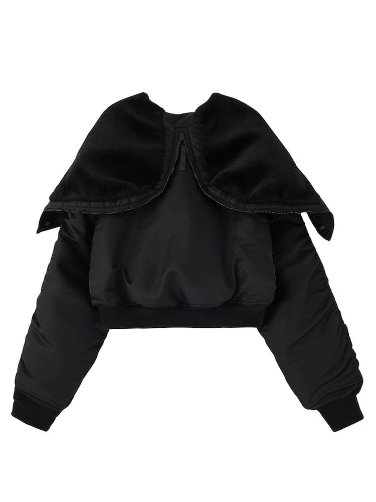 N-2b Short Waist Parka Alpha Industries, black, detachable fur collar, long puffed sleeves, ribbed cuffs.