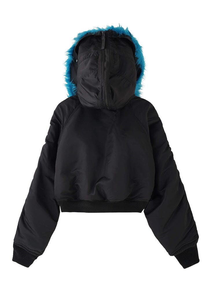 N-2B Short Waist Parka, Alpha Industries; black design with blue faux fur-trimmed hood.
