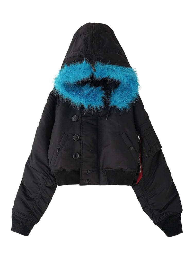 N-2B Short Waist Parka Alpha Industries, black with blue faux fur-trimmed hood, front button closure, ribbed cuffs and hem.