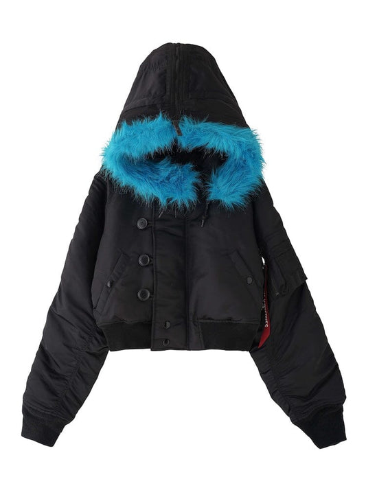 N-2B Short Waist Parka Alpha Industries, black with blue faux fur-trimmed hood, front button closure, ribbed cuffs and hem.