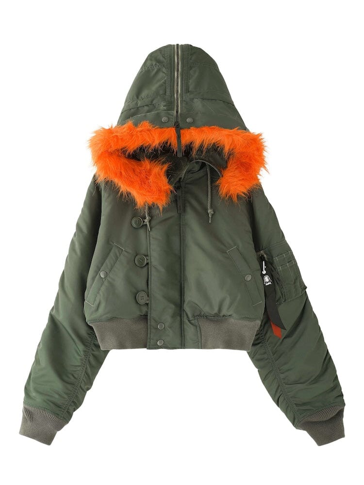 N-2B Short Waist Parka Alpha Industries Sage Green Bomber Orange Faux Fur Lining Ribbed Cuffs and Hem Front Buttons Pockets Sleeve Patch.