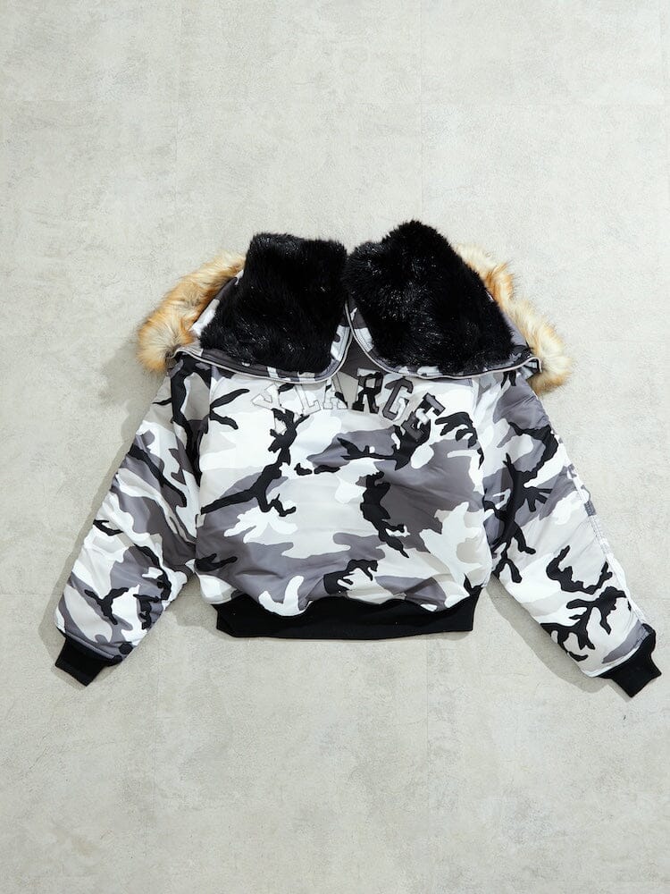 N-2B Core Spec Parka Alpha Industries, water-repellent nylon camouflage in black, white, and gray, black fur-lined hood, synthetic mouton trim.