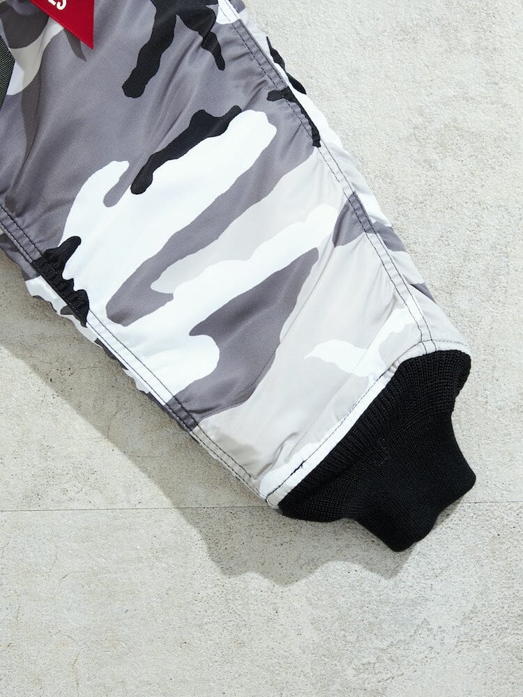 N-2B Core Spec Parka Alpha Industries, black, gray, and white camo water-repellent nylon, ribbed black cuff.