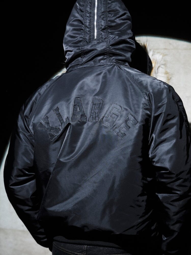 N-2B Core Spec Parka by Alpha Industries, black, nylon, water-repellent hood, XLARGE embroidered on back.