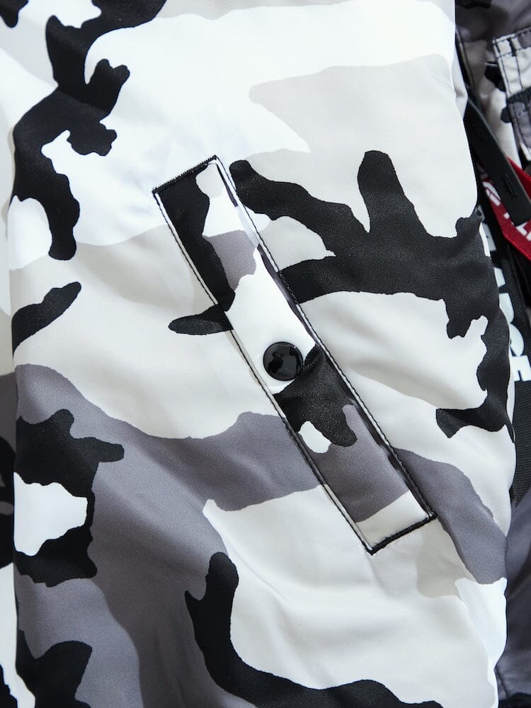 N-2B Core Spec Parka, Black and White Camouflage Water-Repellent Nylon, Single Black Button Flap Pocket. Alpha Industries.