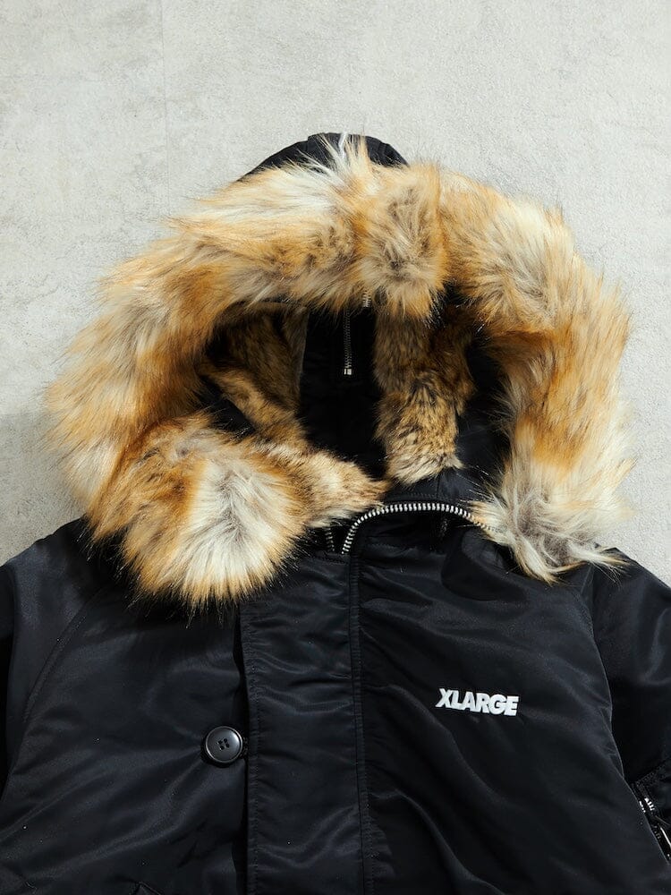 Xlarge N-2B Core Spec Parka by Alpha Industries, black water-repellent nylon jacket with thick brown and white synthetic mouton fur hood.