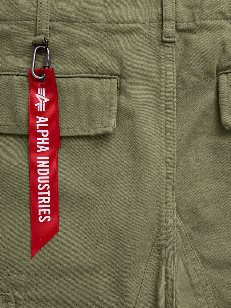 Alpha Industries Acu Pant, green, utility and flap pockets, red Alpha Industries keychain on belt loop.