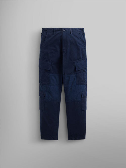 Alpha Industries Acu Pant in navy blue with utility pockets and patchwork design.