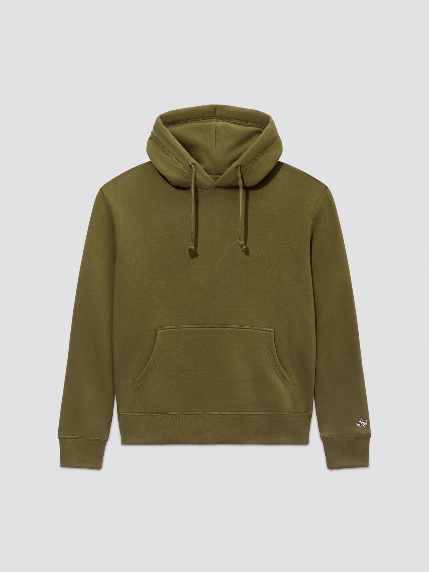 Unisex Olive Alpha Hoodie from Alpha Industries, Inc. is made from soft cotton fabric and features a front pocket, drawstring hood, and an Alpha applique that adds a stylish touch.