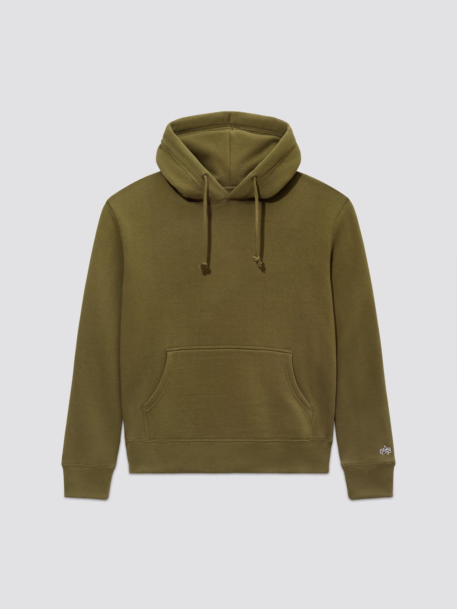 Unisex Olive Alpha Hoodie from Alpha Industries, Inc. is made from soft cotton fabric and features a front pocket, drawstring hood, and an Alpha applique that adds a stylish touch.