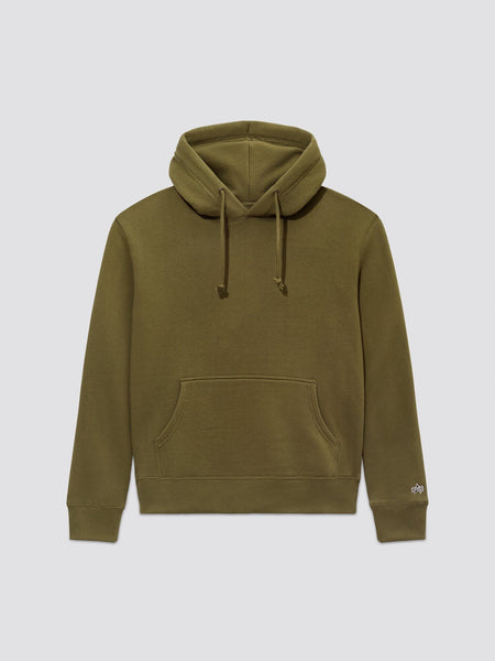 Unisex Olive Alpha Hoodie from Alpha Industries, Inc. is made from soft cotton fabric and features a front pocket, drawstring hood, and an Alpha applique that adds a stylish touch.
