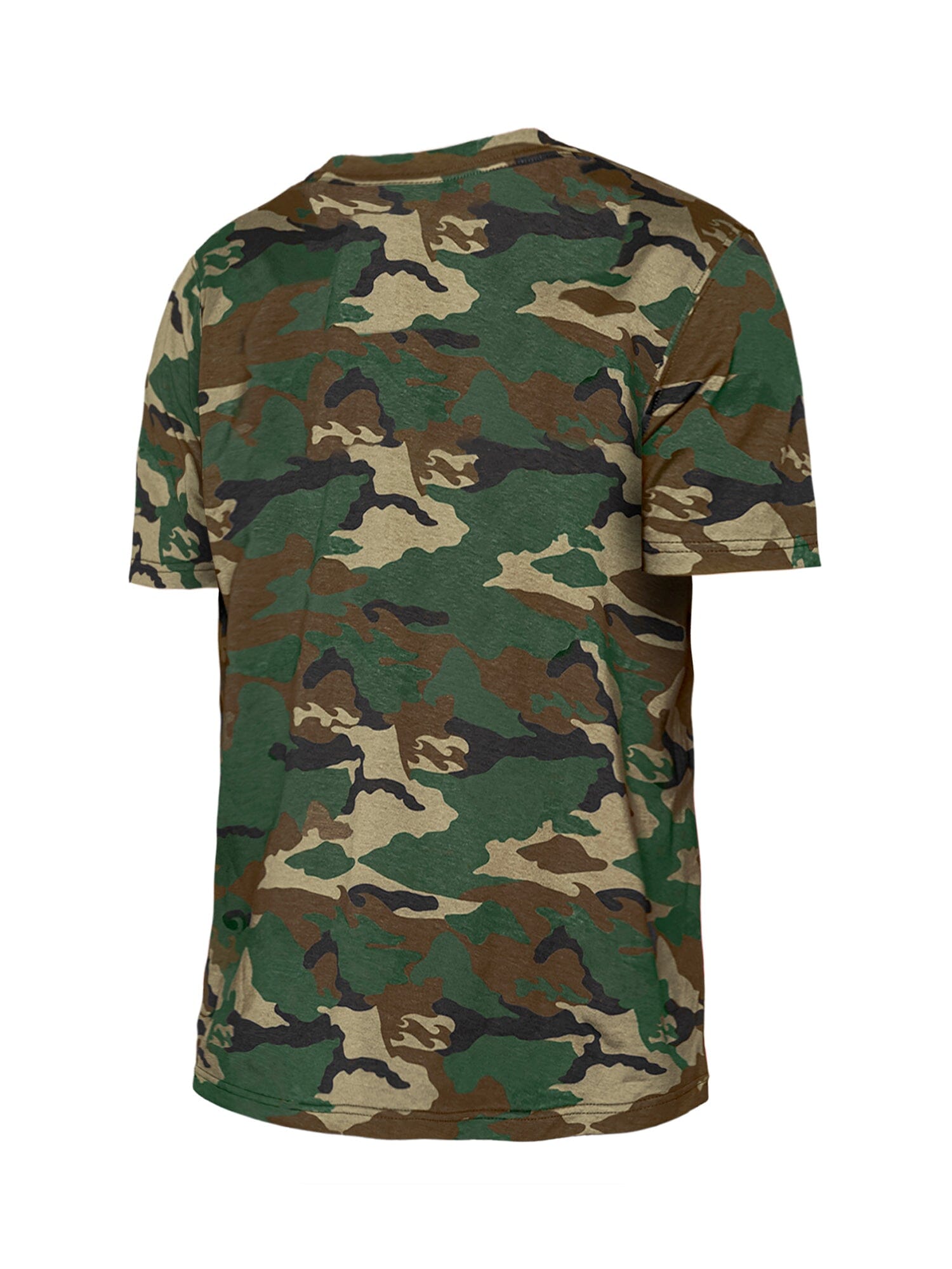 Atlanta Braves X Alpha Industries X New Era Camo T-Shirt, Green, Brown, and Tan Camouflage Pattern.