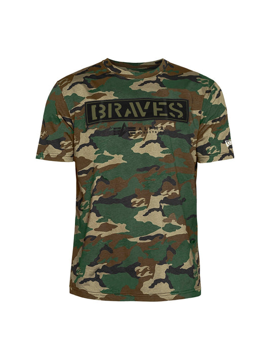Atlanta Braves X Alpha Industries X New Era Camo T-Shirt, camo color, Braves lettering and logo on chest.