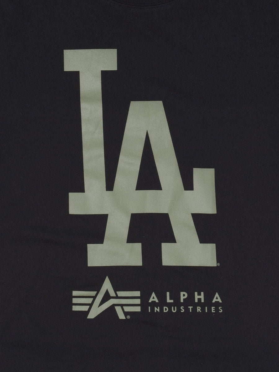 Los Angeles Dodgers X Alpha Industries MA-1 T-Shirt, light tone block LA twill applique above printed Alpha Industries logo and text.