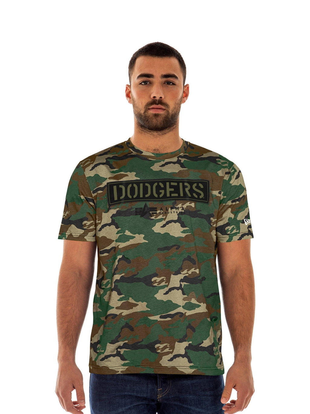 Los Angeles Dodgers X Alpha X New Era T-Shirt by Alpha Industries, green and brown camo, bold Dodgers logo.