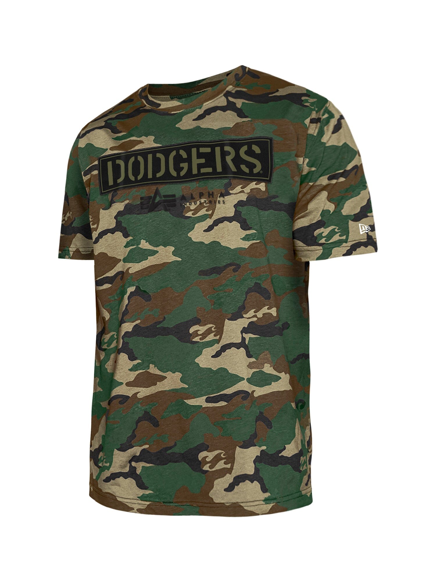 Los Angeles Dodgers MA-1 T-Shirt by Alpha Industries, camo color, black Dodgers applique on chest, small New Era logo on left sleeve.