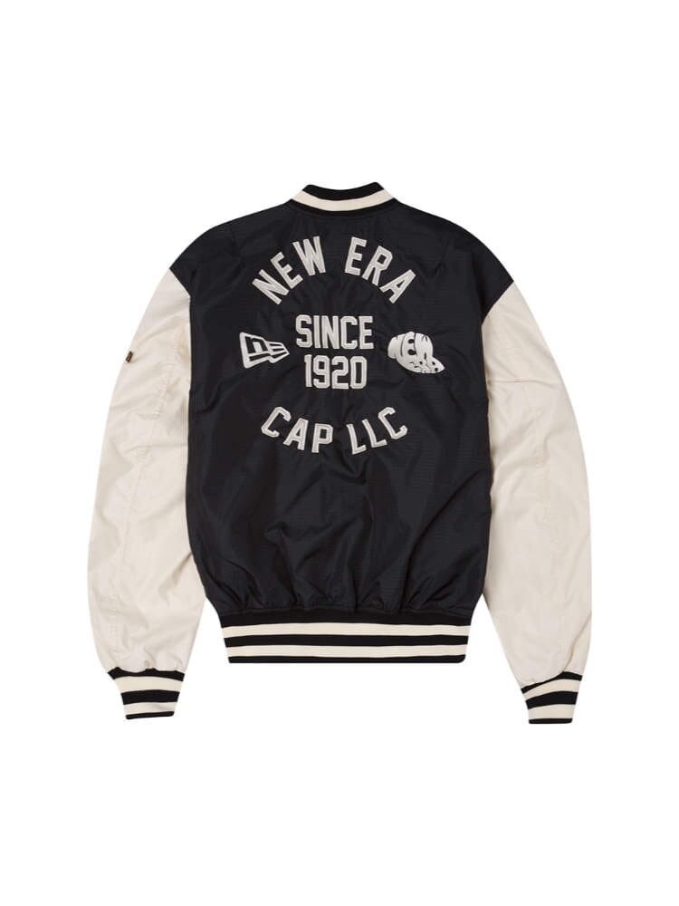 The Alpha X New Era L-2B Bomber Jacket features a striking black and white ripstop design adorned with the iconic New Era Cap LLC text and "Since 1920" on the back, complete with a helmet and logo design.