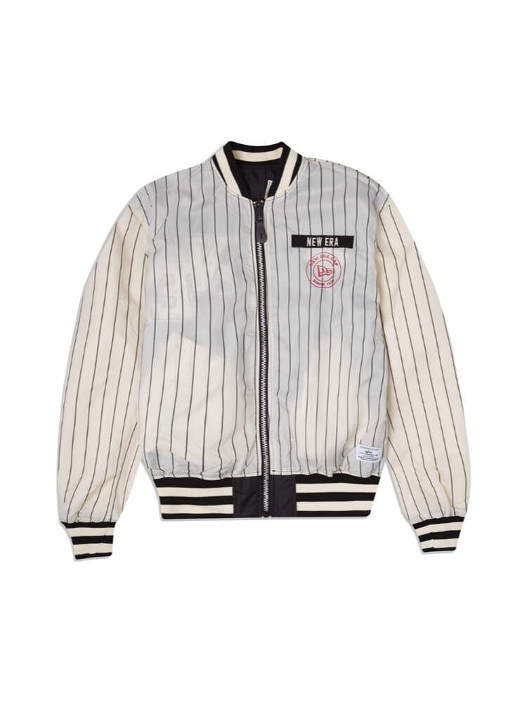Introducing the Alpha X New Era L-2B Bomber Jacket by Alpha Industries, featuring black and white vertical stripes, ribbed cuffs, a collar, and the iconic New Era logo.