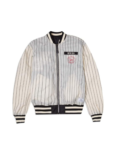 Introducing the Alpha X New Era L-2B Bomber Jacket by Alpha Industries, featuring black and white vertical stripes, ribbed cuffs, a collar, and the iconic New Era logo.