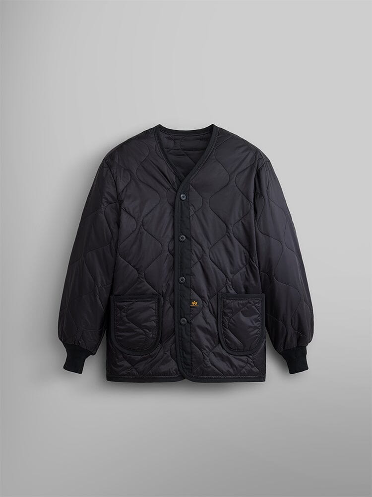 Als/92 Liner by Alpha Industries, black quilted M-65 field jacket liner with button-up front, two front pockets, ribbed cuffs, v-neck collar.