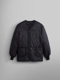 Als/92 Liner by Alpha Industries, black quilted M-65 field jacket liner with button-up front, two front pockets, ribbed cuffs, v-neck collar.