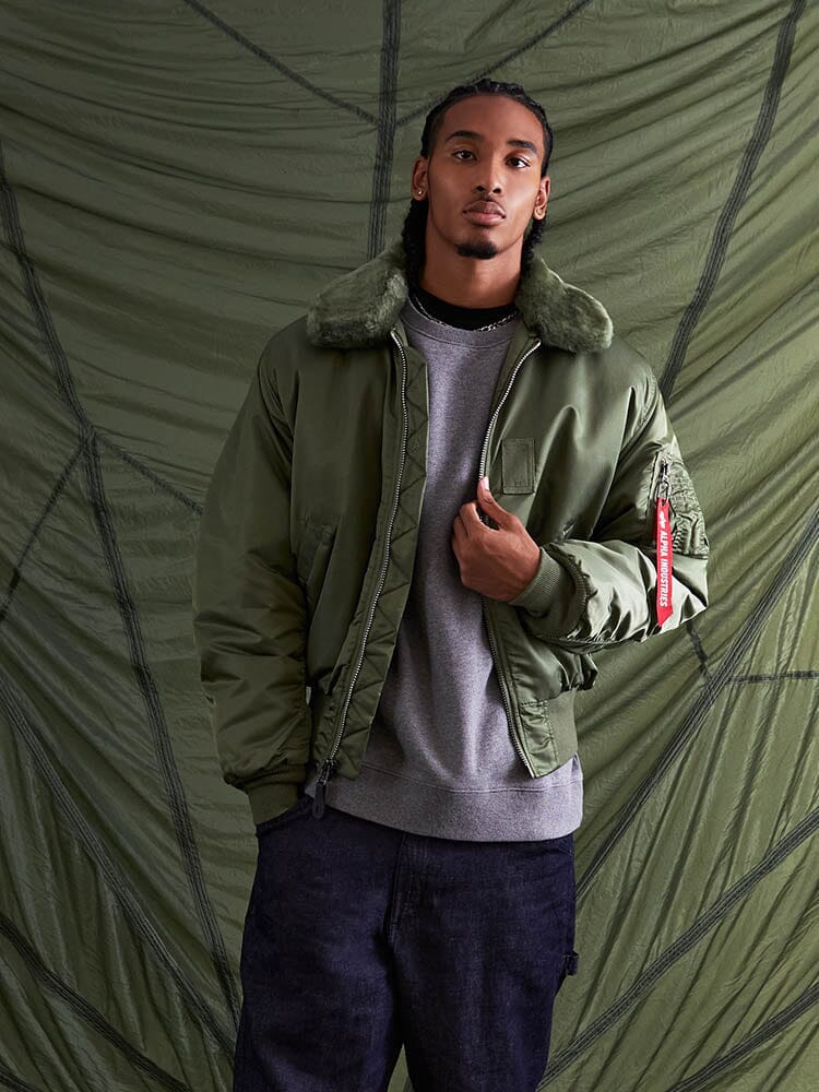 Alpha Industries B-15 Bomber Jacket in green, water resistant finish, removable faux-mouton collar.