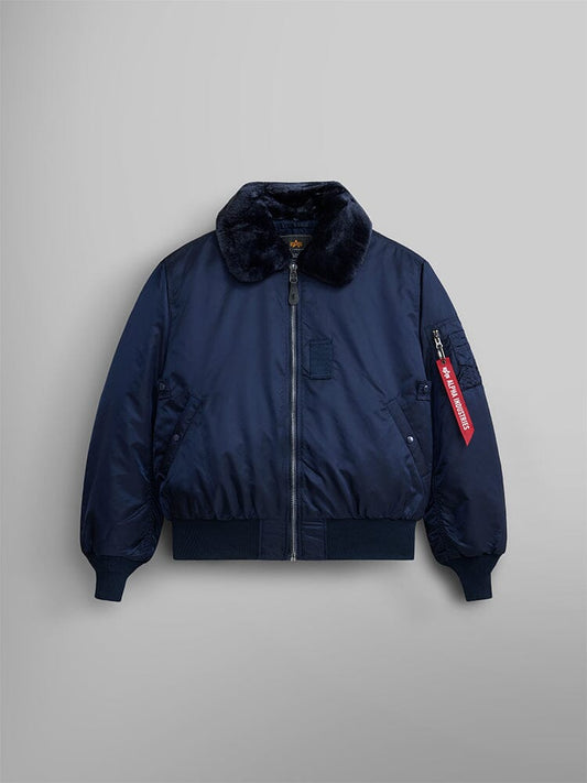 Alpha Industries B-15 Bomber Jacket, Replica Blue, water resistant, removable faux-mouton collar, front zipper, ribbed cuffs and hem, red tag on left sleeve zipper.