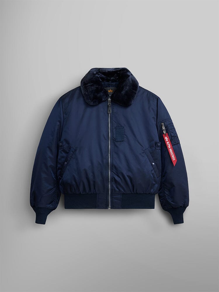 Alpha Industries B-15 Bomber Jacket, Replica Blue, water resistant, removable faux-mouton collar, front zipper, ribbed cuffs and hem, red tag on left sleeve zipper.